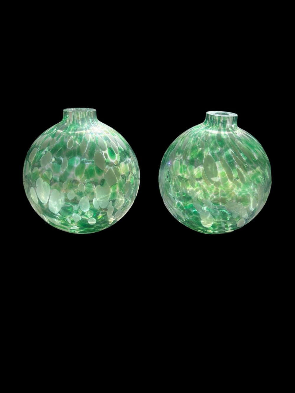 Pottery Barn Pair of Art Glass Globes Green Iridescent Swirl Oil Lamp No Wick